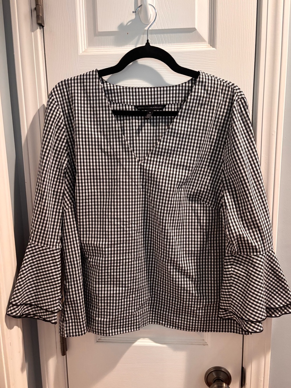 White House Black Market Black and White Gingham V-Neck Bell Sleeve Blouse